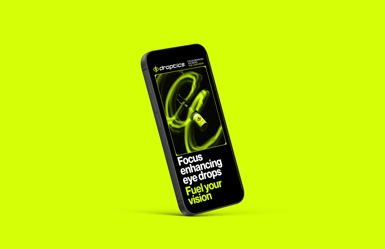 Droptics mobile website presented on a vivid green background